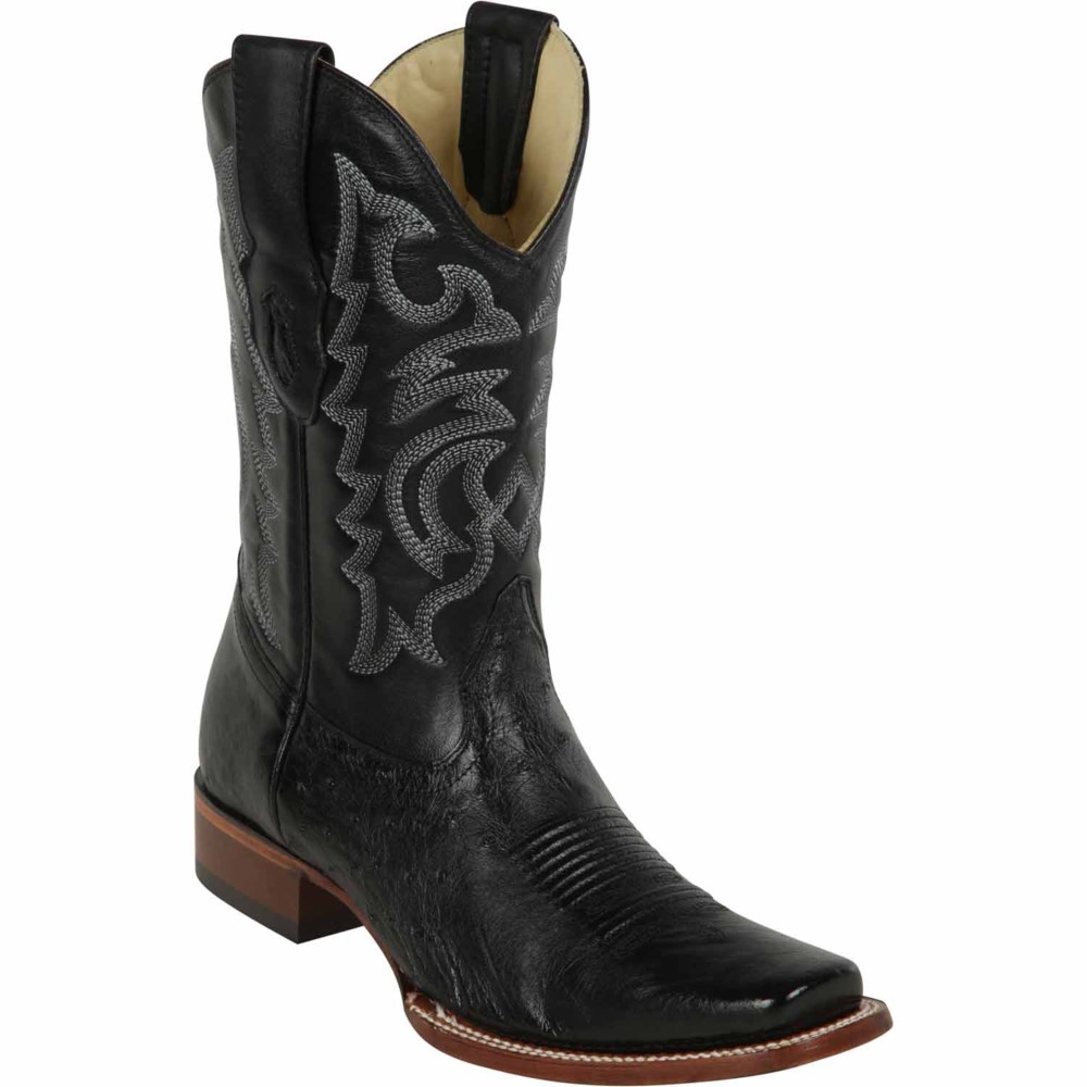 Los Altos | Ostrich Cowboy Boots Black Square Toe | Black