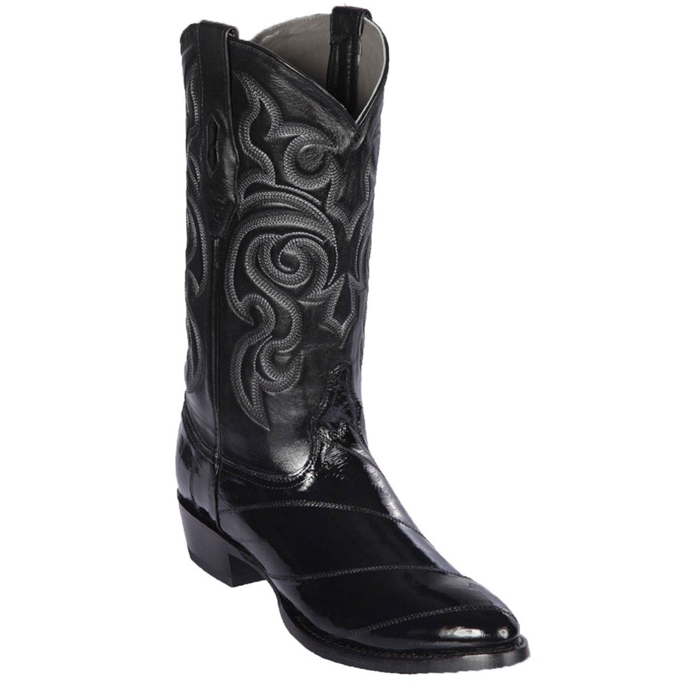 Los Altos | Black Eel Skin R-Toe Western Boots | Black