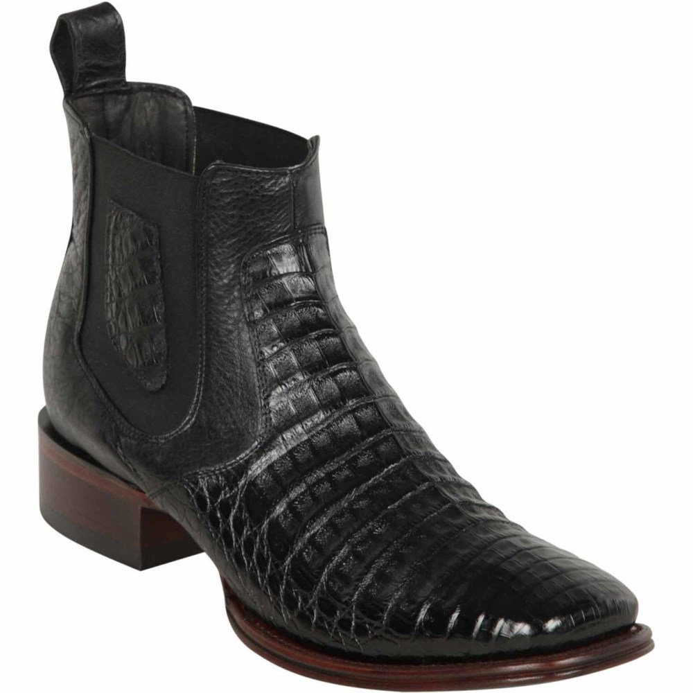 Los Altos | Black Caiman Short Square Toe Western Boots | Black